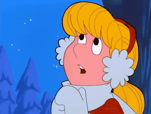 Cartoon Character With Blonde Hair and White Ear Flaps