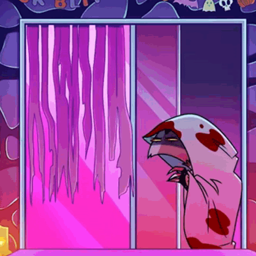 Cartoon Character With Blood In Front Of Pink Curtain GIF