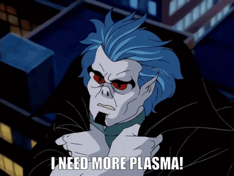 Cartoon Character with Blue Hair and Red Eyes Says I Need More Plasma