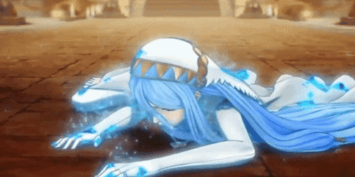 Cartoon Character With Blue Hair and White Gloves Laying Down