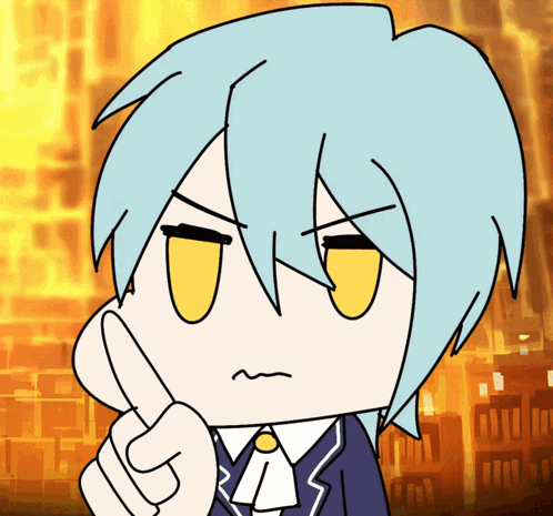 Cartoon Character With Blue Hair and Yellow Eyes Pointing