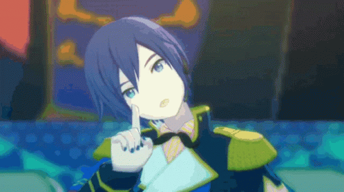 Cartoon Character with Blue Hair Pointing Up