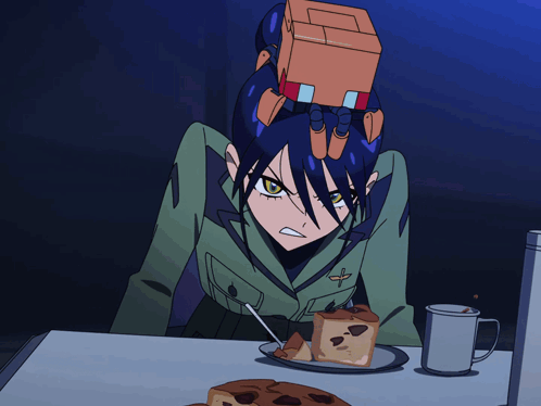 Cartoon Character With Box on Head Looking at Cake