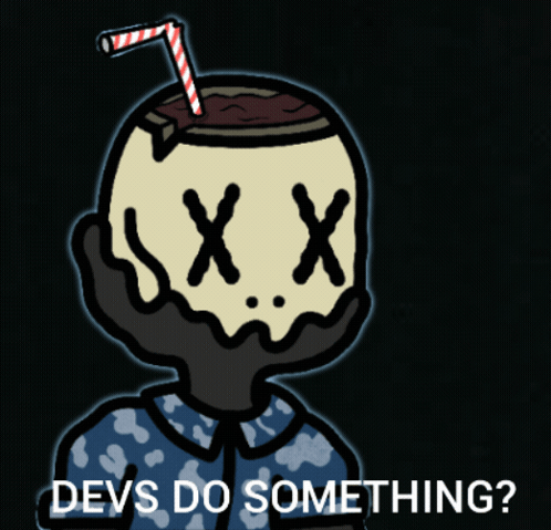 Cartoon Character With Candy Cane on Head Saying Devs Do Something