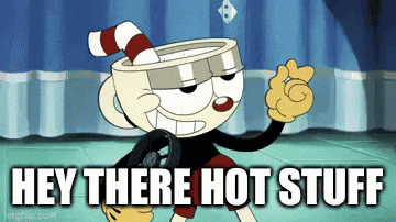 Cartoon Character With Cup On Head Says Hey There Hot Stuff GIF