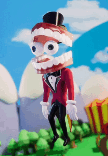 Cartoon Character with Fake Teeth on Head in Top Hat