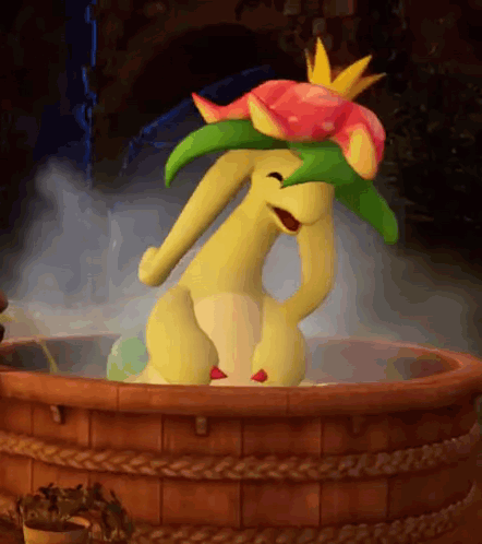 Cartoon Character with Flower on Head in Bathtub