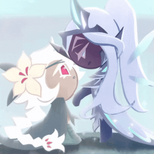 Cartoon Character With Flower Standing Next to White-Haired Character