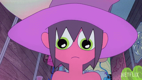 Cartoon Character with Green Eyes and Purple Hat Saying Netflix