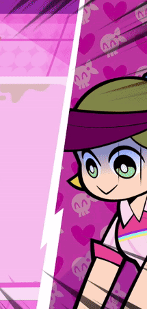 Cartoon Character With Green Eyes and Purple Hat With Skulls and Hearts