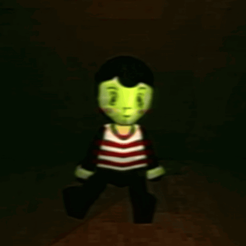 Cartoon Character with Green Face and Striped Shirt in Dark Room
