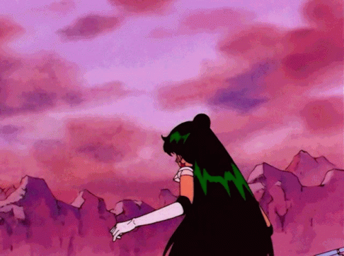 Cartoon Character With Green Hair and White Gloves in Pink Sky