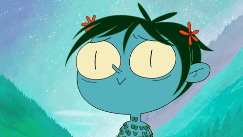 Cartoon Character With Green Hair and Yellow Eyes and Flower