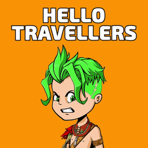 Cartoon Character with Green Hair Saying Hello Travelers