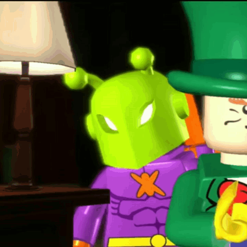 Cartoon Character with Green Head and Purple X
