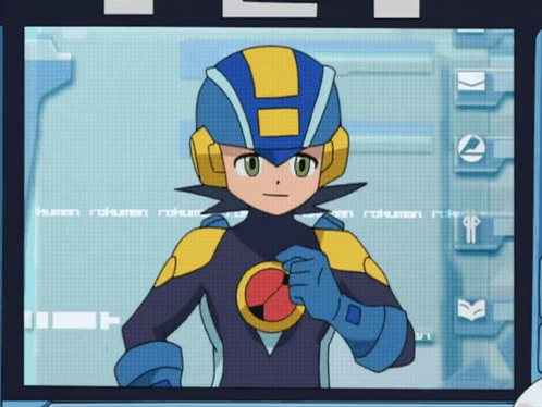 Cartoon Character with H Helmet in Front of Human Screen