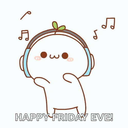 Cartoon Character with Headphones Happy Friday Eve