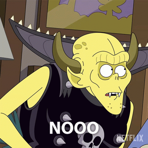 Cartoon Character With Horns and Shirt Saying Nooo