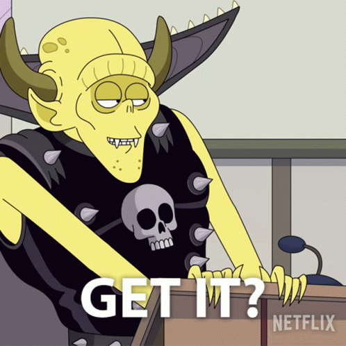 Cartoon Character With Horns and Skull on Shirt Says Get It