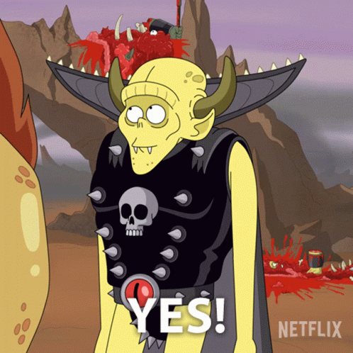 Cartoon Character With Horns and Skull on Shirt Says Yes