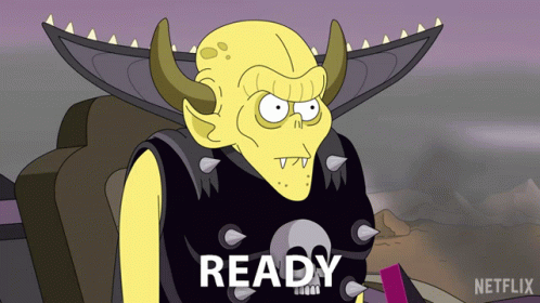 Cartoon Character With Horns and Vest Saying Ready