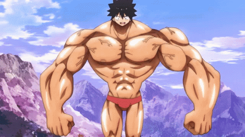 Cartoon Character With Huge Muscles In Front Of Mountain Range GIF