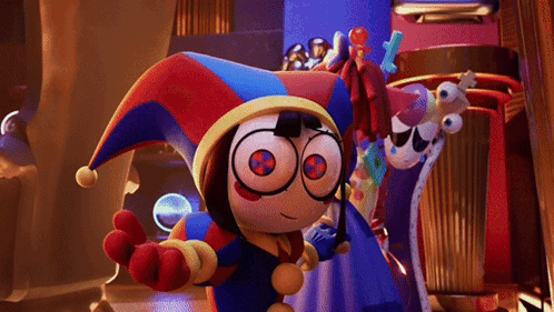 Cartoon Character with Jester Hat and Glasses