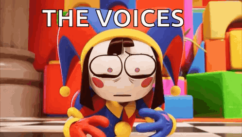 Cartoon Character with Jester Hat and Glasses and Colorful Blocks
