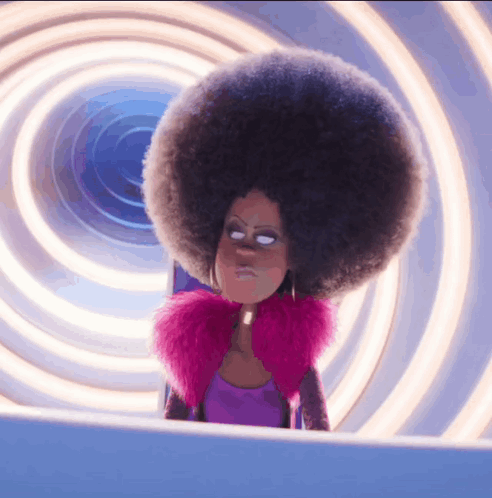 Cartoon Character With Large Afro And Pink Fur Coat GIF