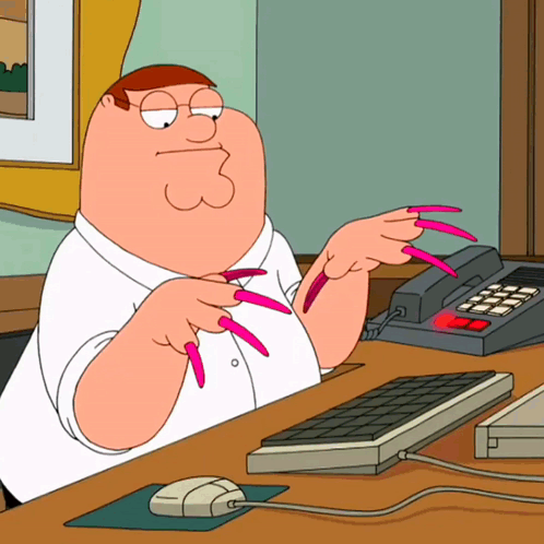 Cartoon Character With Long Pink Nails Sitting At Desk GIF