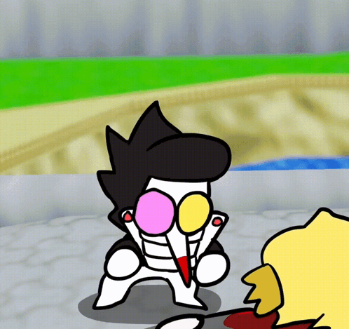 Cartoon Character With Pink and Yellow Eyes Beside Another