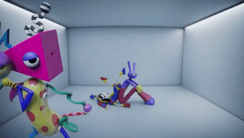 Cartoon Character With Pink Box On Head Lying On Floor