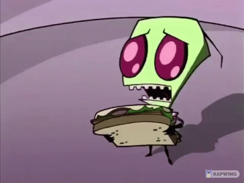 Cartoon Character with Pink Eyes Holding Sandwich