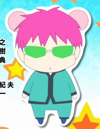 Cartoon Character with Pink Hair, Green Sunglasses, and Teddy Bear Head