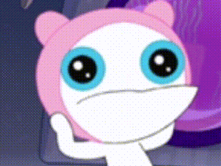 Cartoon Character with Pink Hat and Blue Eyes