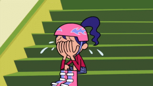 Cartoon Character with Pink Helmet on Green Stairs
