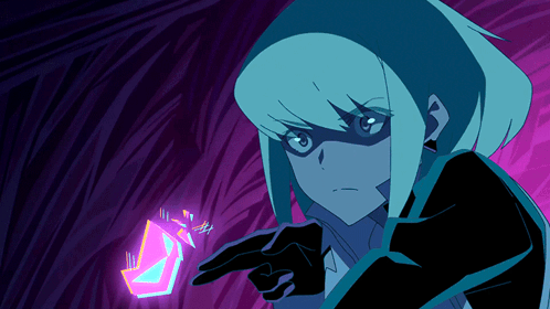 Cartoon Character with Purple Background and Blue Hair