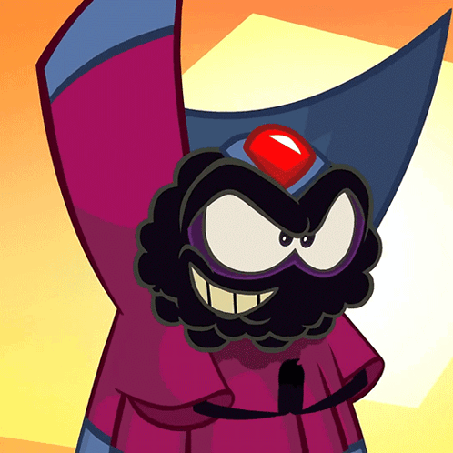 Cartoon Character with Purple Cape and Red Jewel