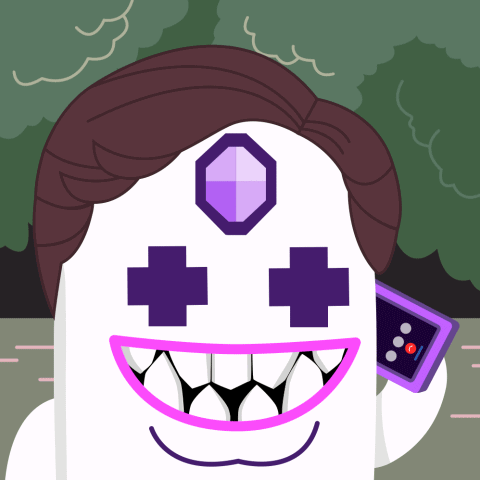 Cartoon Character with Purple Crosses and Purple Diamond