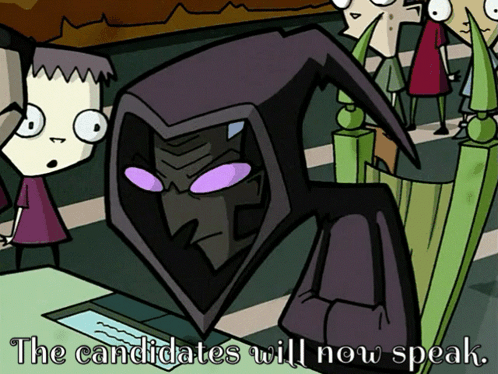 Cartoon Character With Purple Eyes and Words The Candidates Will Now Speak