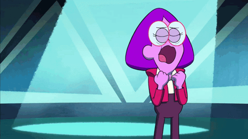 Cartoon Character With Purple Hair and Glasses in Front of Blue Background