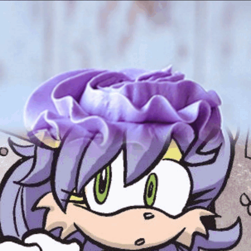 Cartoon Character With Purple Hair and Green Eyes With Purple Flower