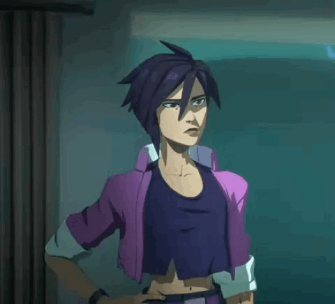 Cartoon Character With Purple Hair and Purple Shirt