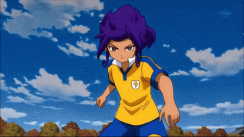 Cartoon Character With Purple Hair and Yellow Shield Shirt