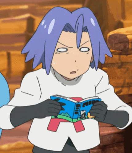 Cartoon Character with Purple Hair Reading Pokemon