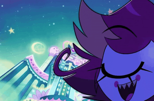 Cartoon Character With Purple Hair Smiling in Front of Rollercoaster