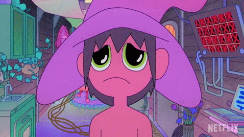 Cartoon Character with Purple Hat Saying Wait
