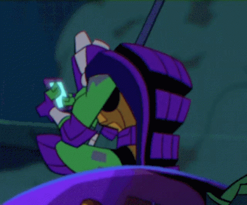 Cartoon Character With Purple Helmet Looking at Phone