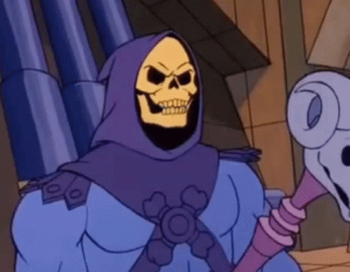 Cartoon Character with Purple Hood and Skull