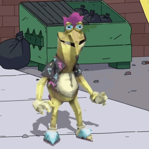 Cartoon Character With Purple Mohawk by Green Dumpster